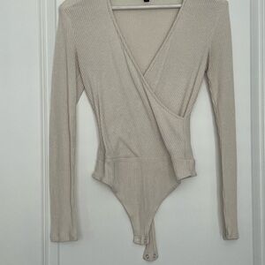 Express Tan Long Sleeve Wrap Bodysuit